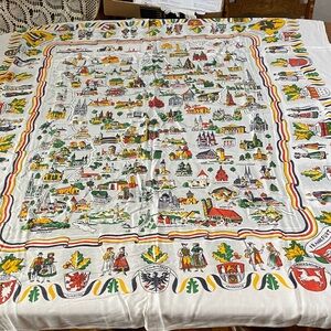 Colorful Illustrated German tablecloth with tag 45 3/4” x 52 1/2”